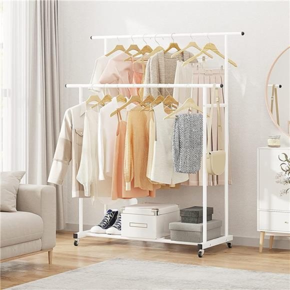 Double Rod Clothing Garment Rack, Rolling Hanging Clothes Rack, Portable White - Picture 4 of 7